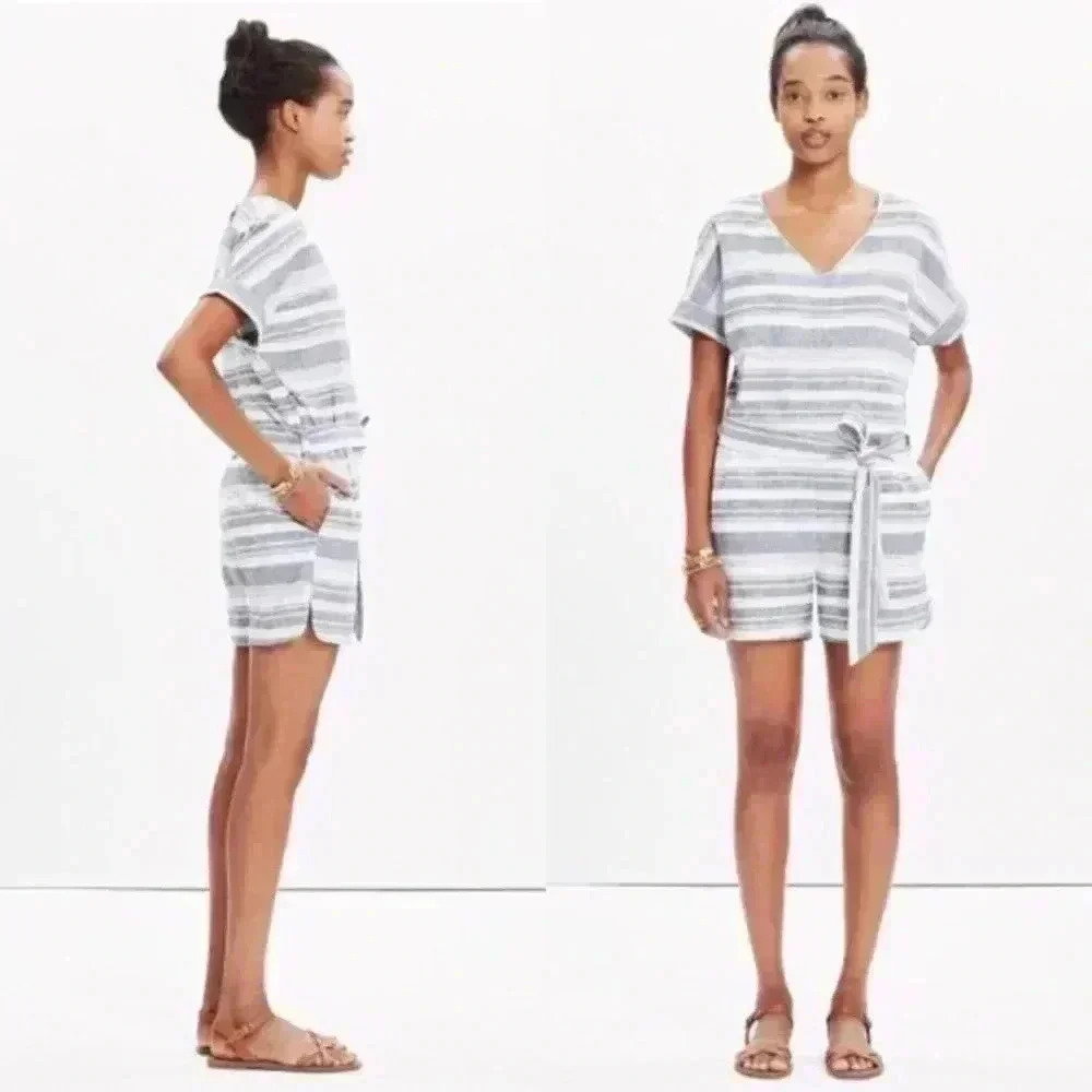 Madewell Romper XS Perimeter Stripe Linen Blend Relaxed Shorts Jumpsuit